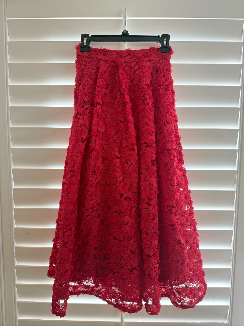 Red A-Line Floral Lace Midi Skirt - Women's Elegant Full Skirt